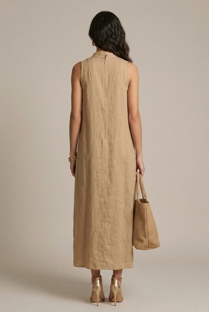 Versatile women's sleeveless A-line maxi dress, comfortable all-season wear with functional patch pockets.