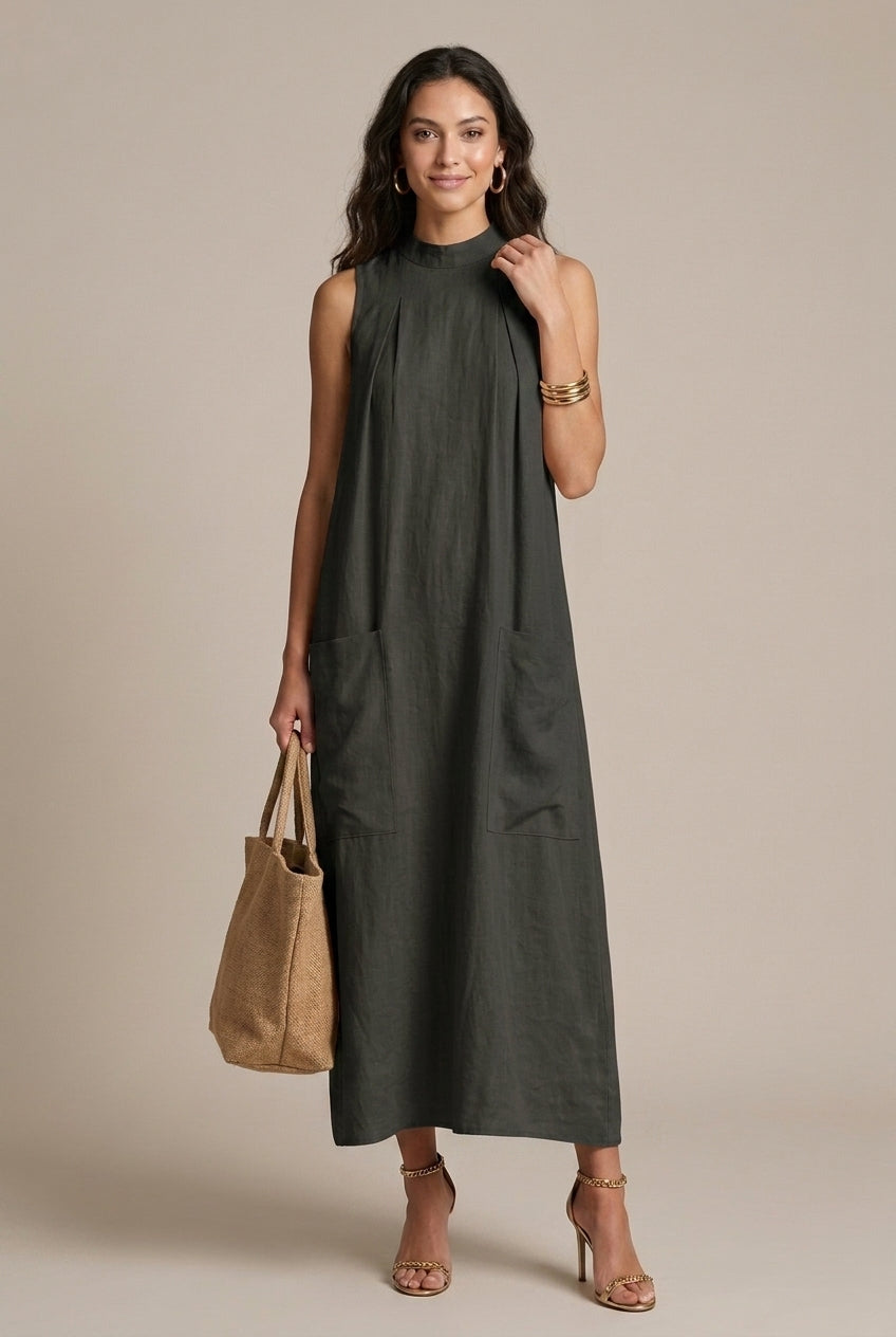 Elegant women's A-line maxi dress featuring a sleeveless design and convenient patch pockets for essentials.