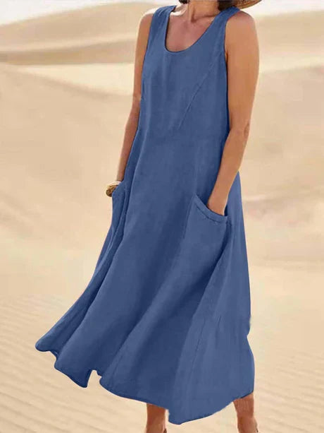 Fashionable women's summer midi dress, relaxed and comfortable, sleeveless design.