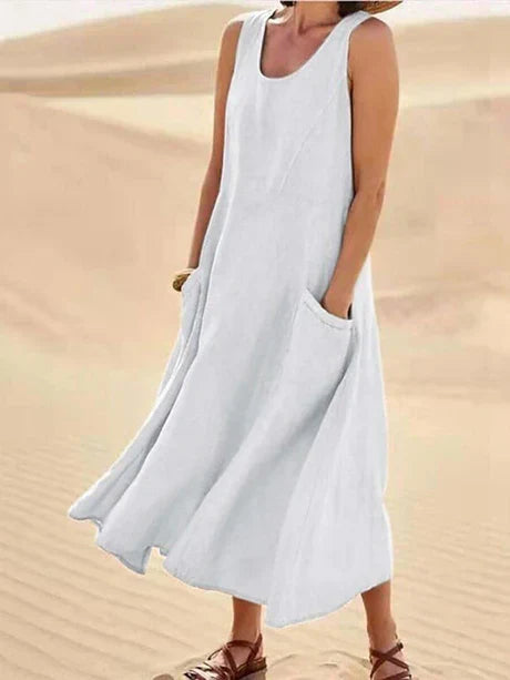 Casual sleeveless midi dress for women, versatile and elegant, great for summer style.