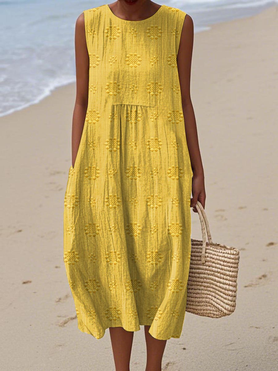 Elegant women's sleeveless midi dress with a flattering round neck, versatile for casual or dressier summer outings.