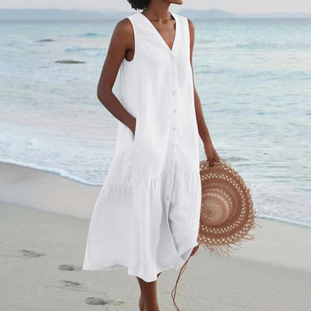 Blue women's sleeveless midi dress, a casual summer style with a button-front V-neck and tiered skirt.