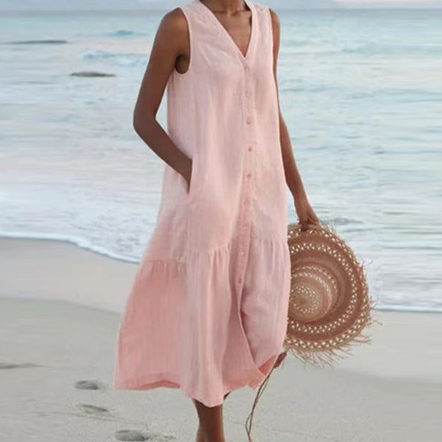 Stylish women's midi dress, sleeveless with a chic V-neck and full button-front, ideal for summer outfits.