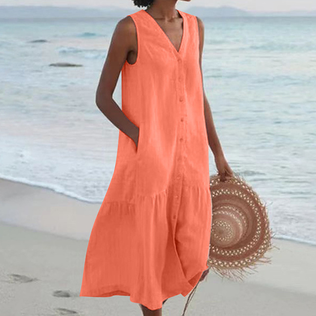 Casual women's sleeveless midi dress with a button-front V-neck, perfect summer attire for everyday style.