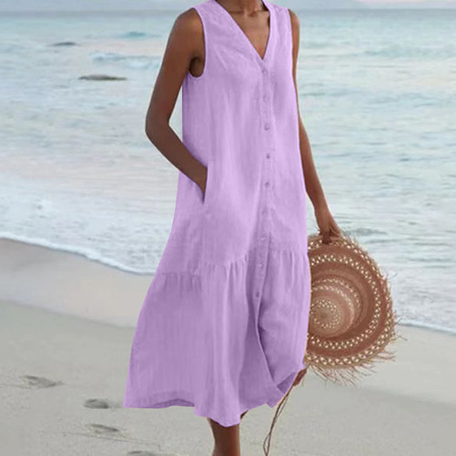 Pink women's sleeveless midi dress, a vibrant summer casual dress with button-front V-neck and tiered skirt.