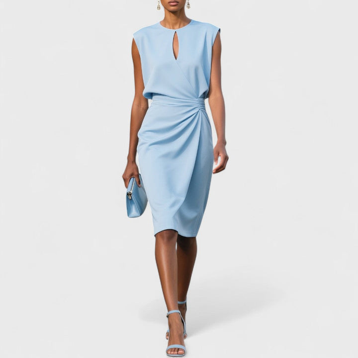 Women's sleeveless midi dress with keyhole neckline and flattering wrap waist.