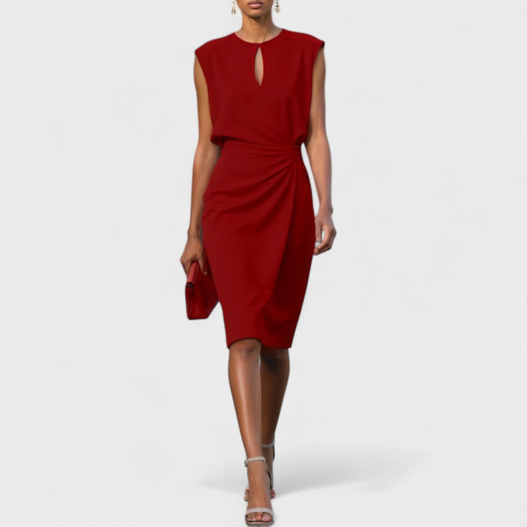Versatile women's midi dress; sleeveless, keyhole detail, wrap waist for casual or elegant wear.
