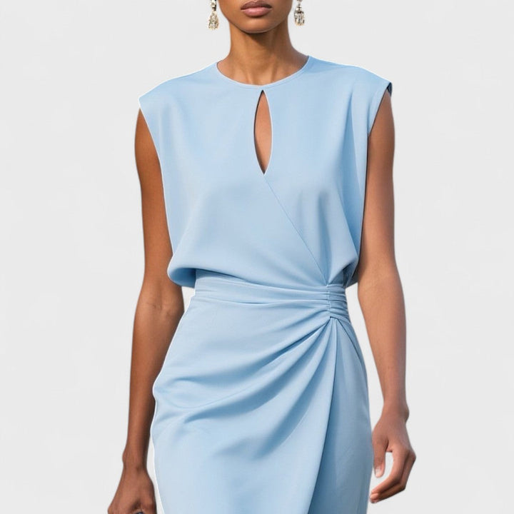 Chic women's sleeveless midi dress with keyhole neckline, elegant wrap waist, and structured design.