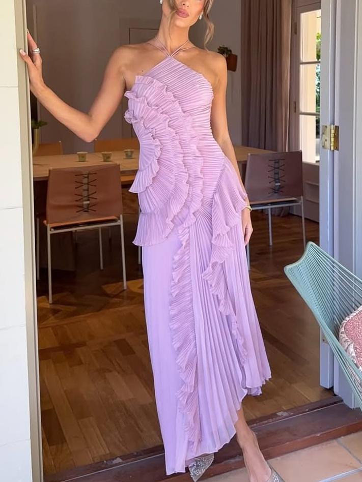 Women's sleeveless pleated asymmetric maxi dress, perfect for wedding guests & formal occasions.