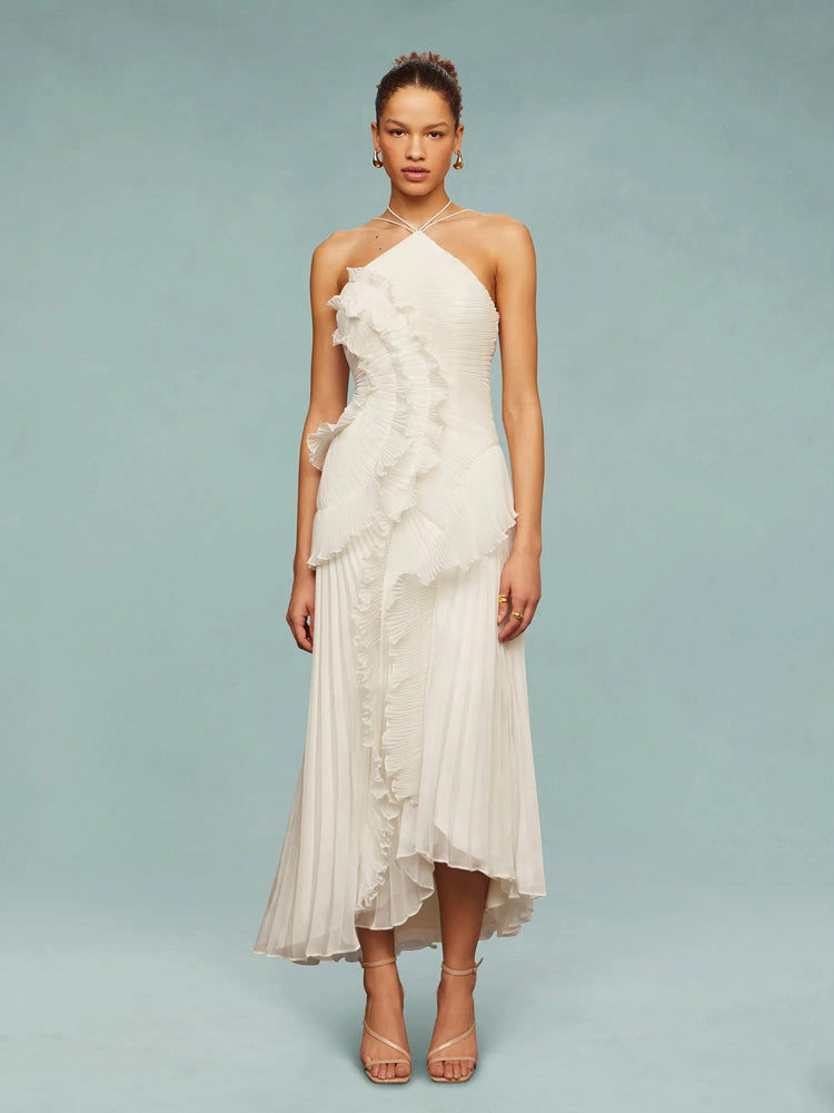 Flattering sleeveless pleated maxi dress for women, perfect for formal events & wedding guests.