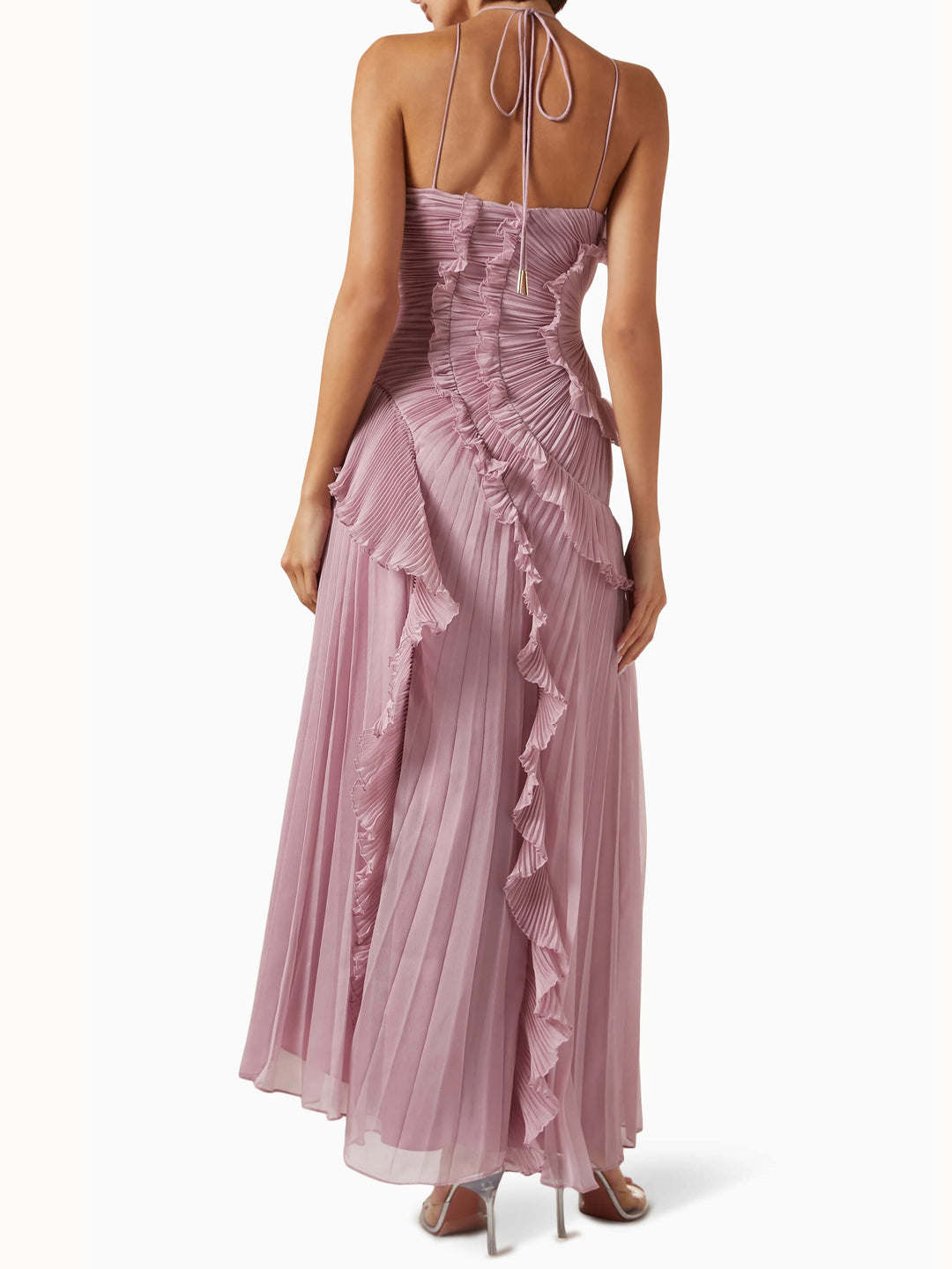 Elegant women's wedding guest dress: sleeveless, pleated, asymmetric, and a beautiful maxi length.