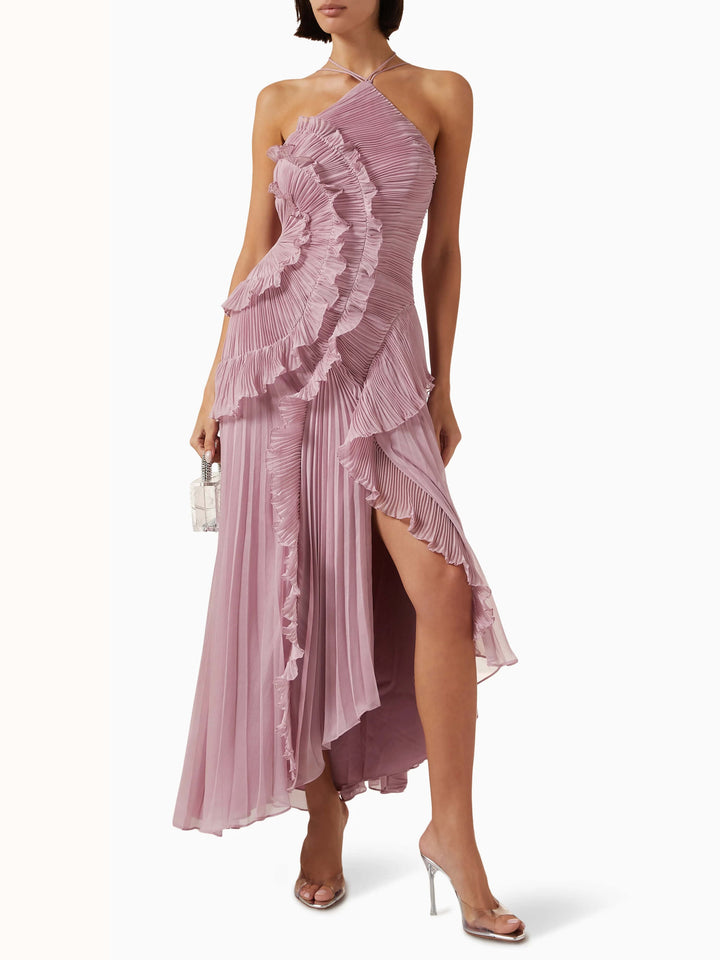 Women's formal wear: a sleeveless, pleated, asymmetric maxi dress, ideal for special occasions.