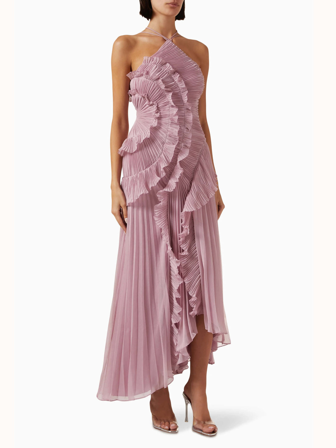 Contemporary women's sleeveless pleated maxi dress, featuring an eye-catching asymmetric hem.
