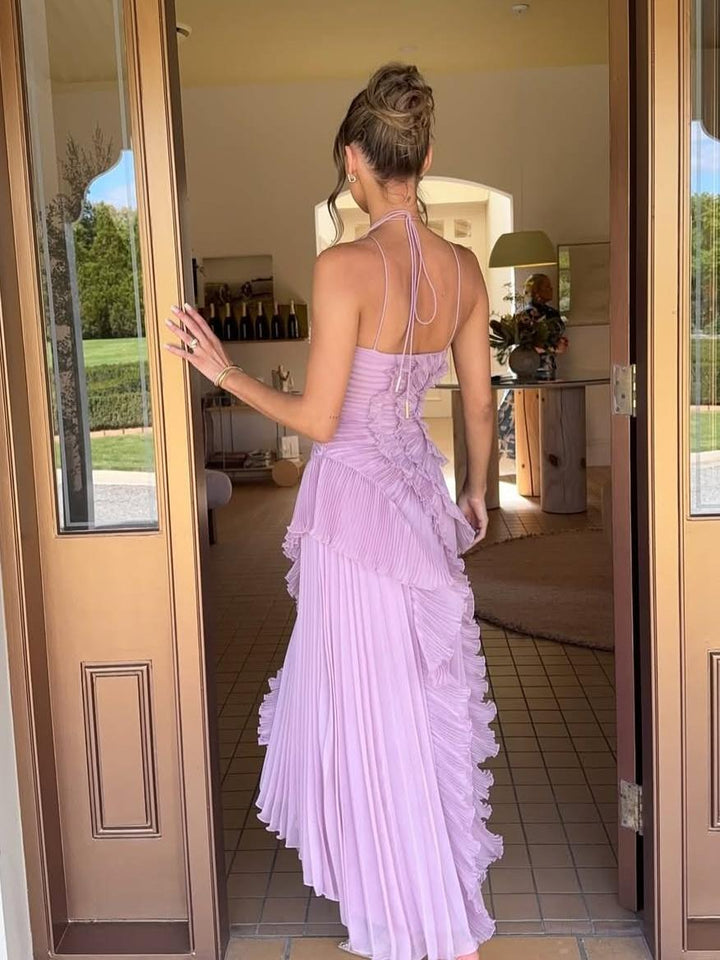 Elegant women's wedding guest maxi dress with a flattering sleeveless, pleated design.