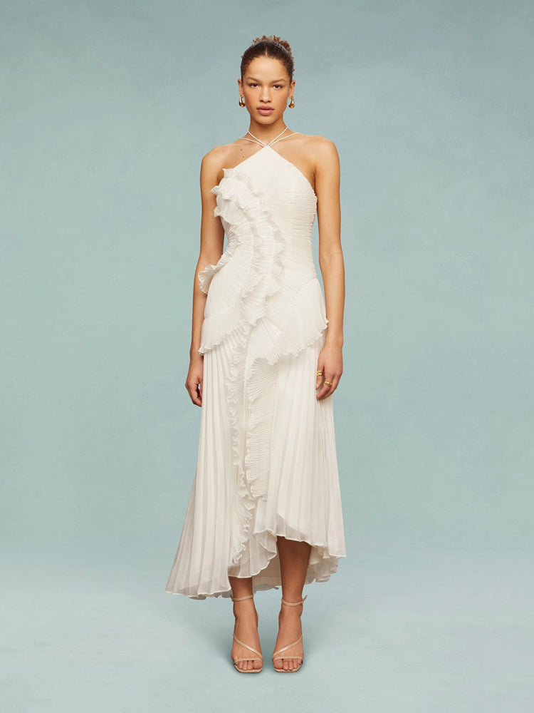Beautiful women's party dress: sleeveless, pleated, and an elegant asymmetric maxi cut.