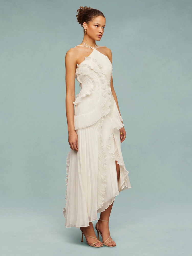 Special occasion women's maxi dress with a sophisticated sleeveless, pleated, asymmetric look.