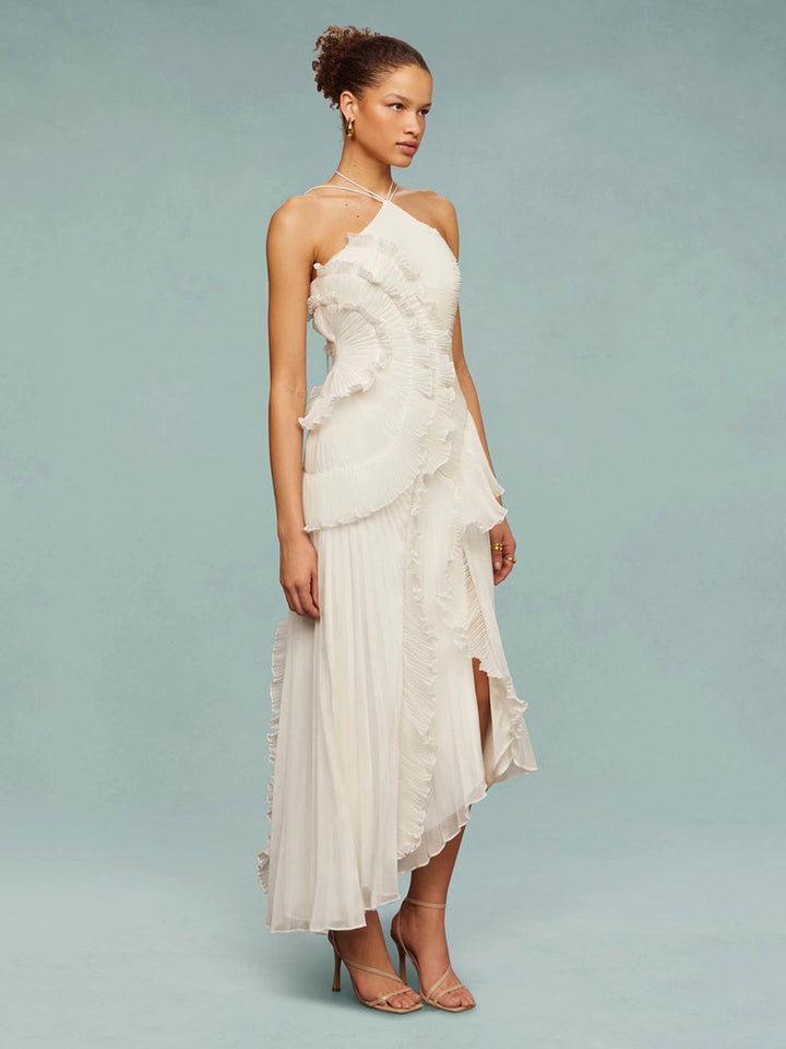 Special occasion women's maxi dress with a sophisticated sleeveless, pleated, asymmetric look.