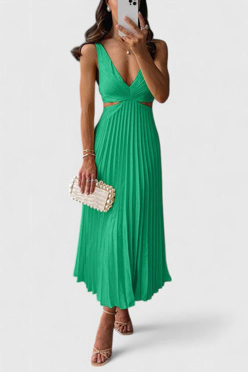 Stylish sleeveless pleated midi dress, ideal for wedding guests, formal parties, and special occasions. Women's fashion.