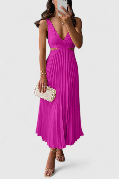 Graceful women's sleeveless pleated midi dress. An elegant choice for wedding guests, parties, and formal events.