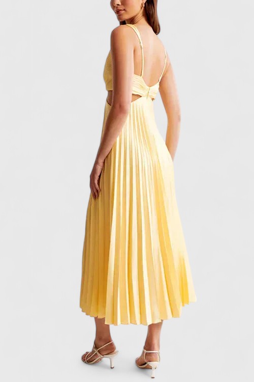 Sleeveless pleated midi dress for women, ideal as a wedding guest, cocktail or formal party dress. Elegant design.