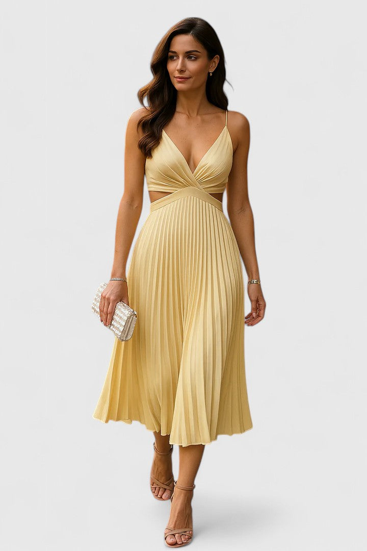 Beautiful women's sleeveless pleated midi wedding guest dress. Elegant, perfect for formal parties & special occasions.