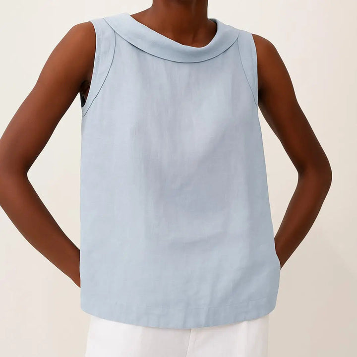 Lightweight women's sleeveless roll collar top. Relaxed summer fit for comfortable and stylish casual fashion.