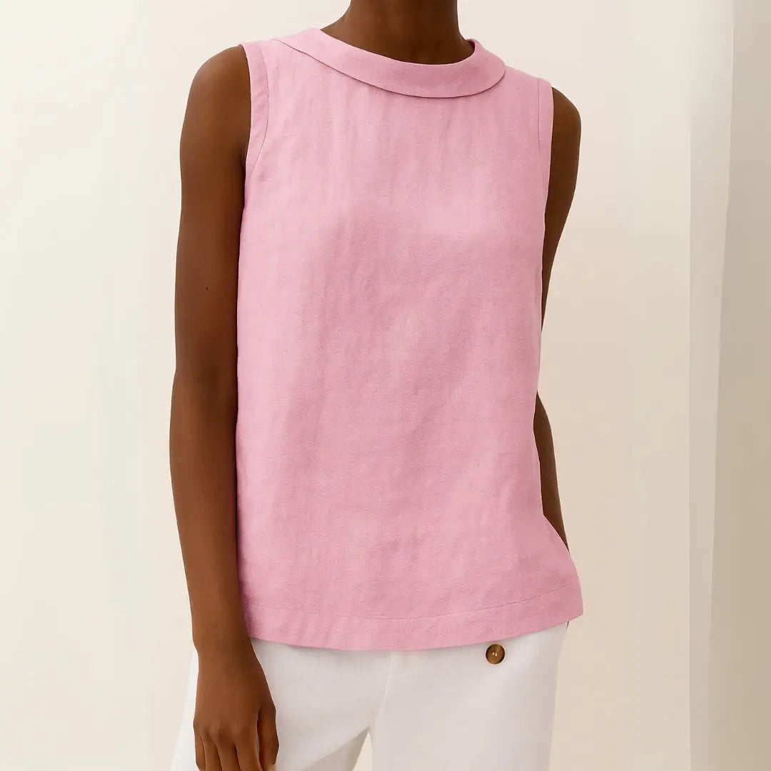 Casual chic women's sleeveless roll collar top. Relaxed fit blouse for comfortable and stylish summer fashion.