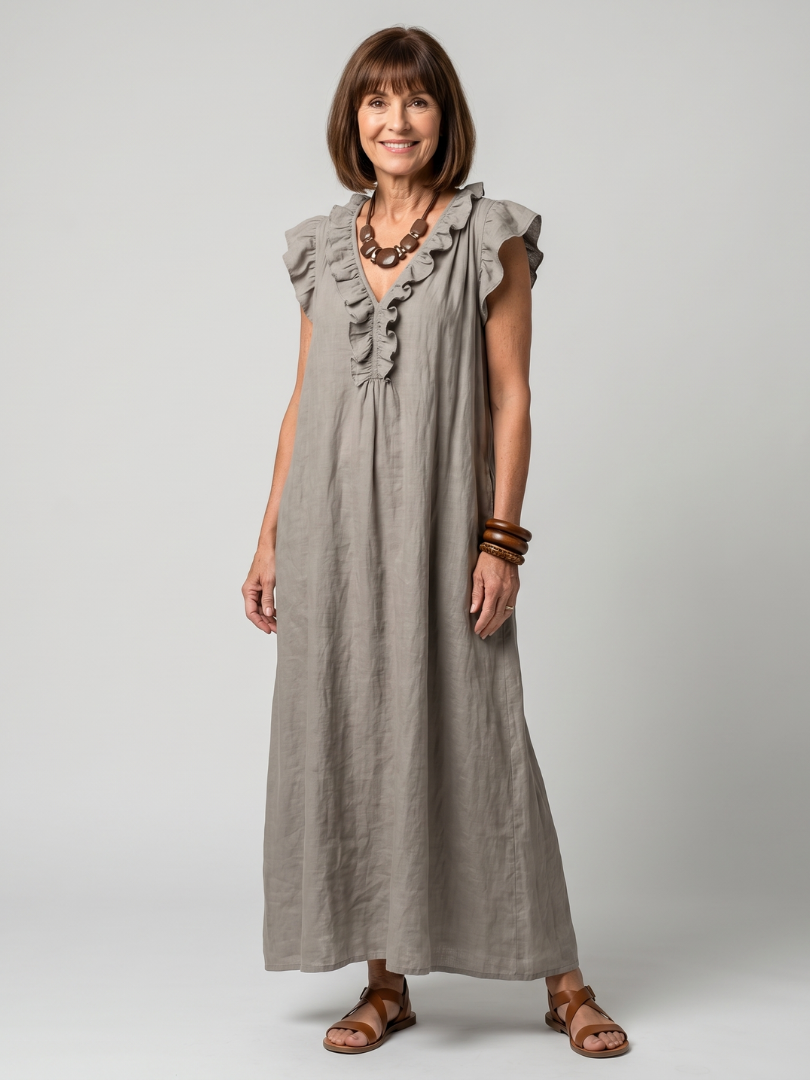 Women's sleeveless ruffle trim midi dress, perfect for summer casual wear.