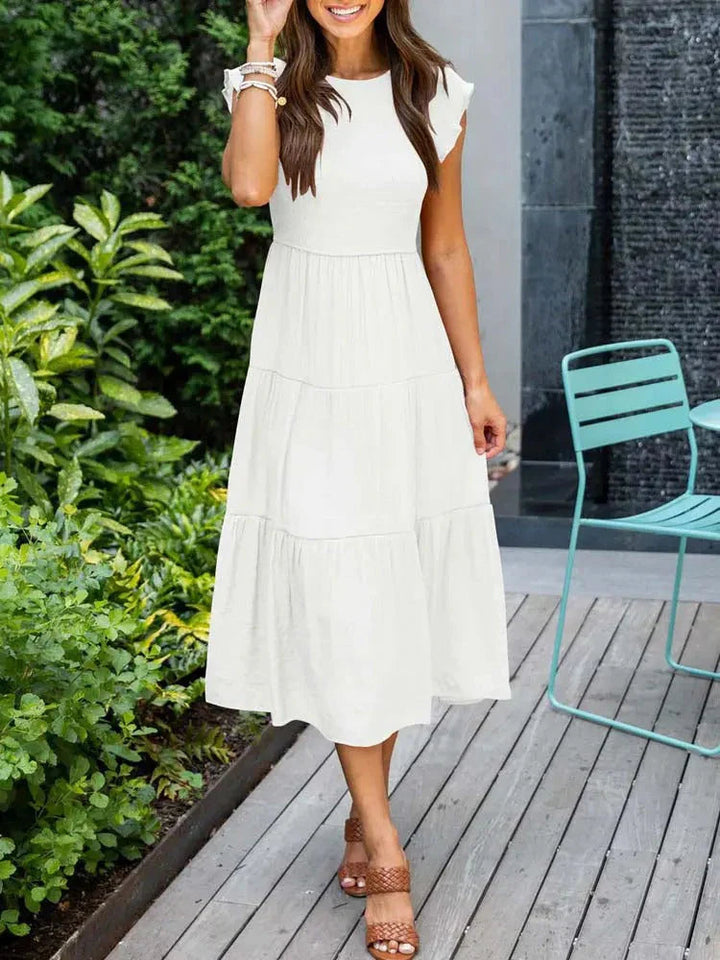 Casual sleeveless smocked midi dress, an easy-to-wear A-line sundress for women's everyday summer.