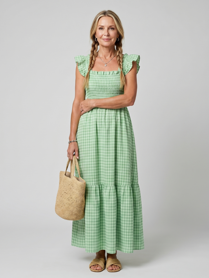 Women's sleeveless square neck gingham midi dress, perfect for summer casual wear.