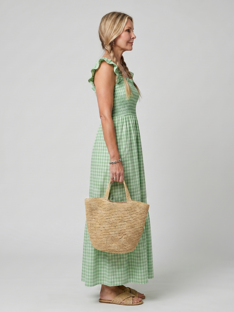 Casual women's gingham midi dress with square neck, smocked bodice, and flowy summer style.
