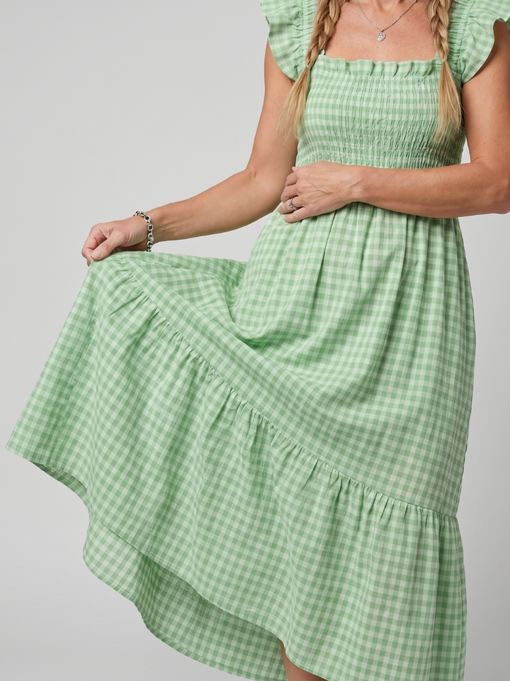 Elegant women's sleeveless square neck gingham midi dress, patterned & comfortable for summer.