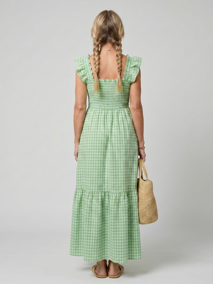 Comfortable women's sleeveless square neck gingham midi dress with a smocked bodice.