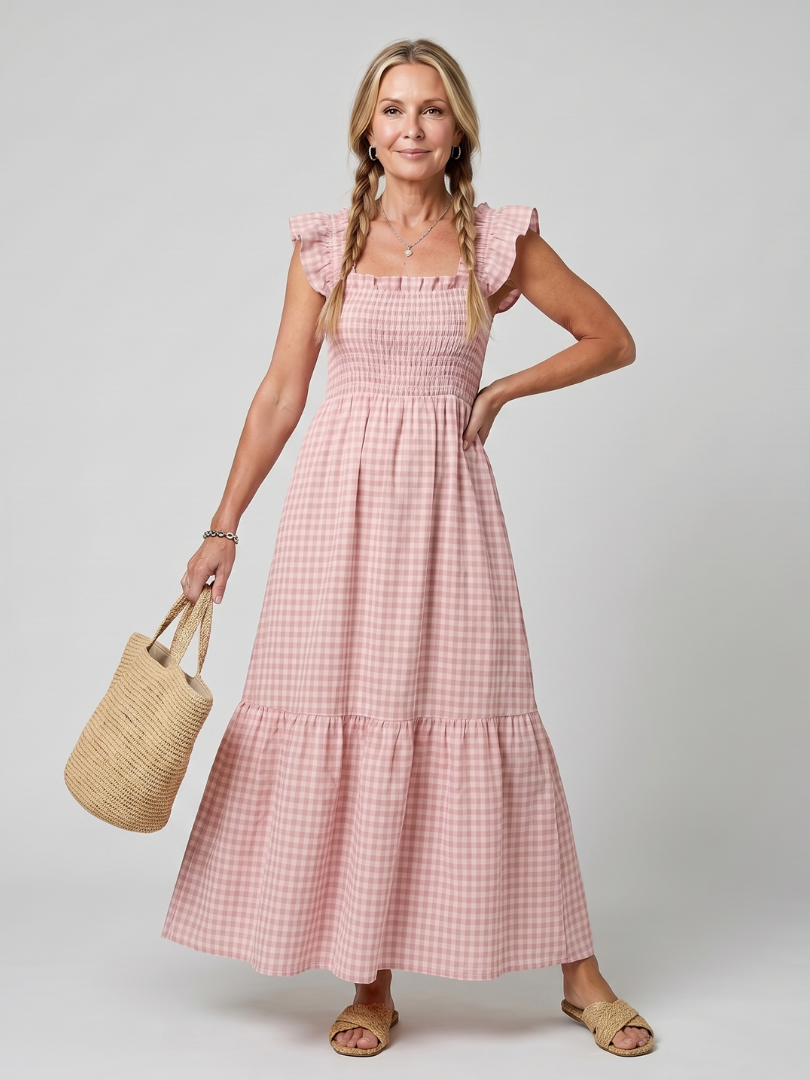 Women's classic gingham midi dress, sleeveless, square neck, smocked bodice for a flattering fit.