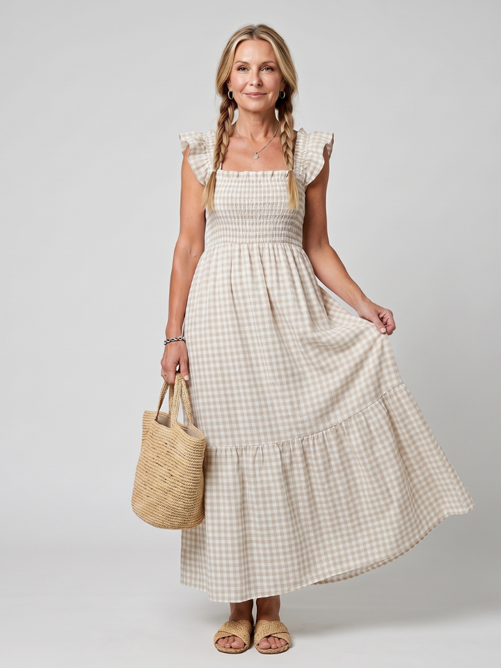 Summer fashion women's gingham midi dress, sleeveless, square neck, designed for casual comfort.