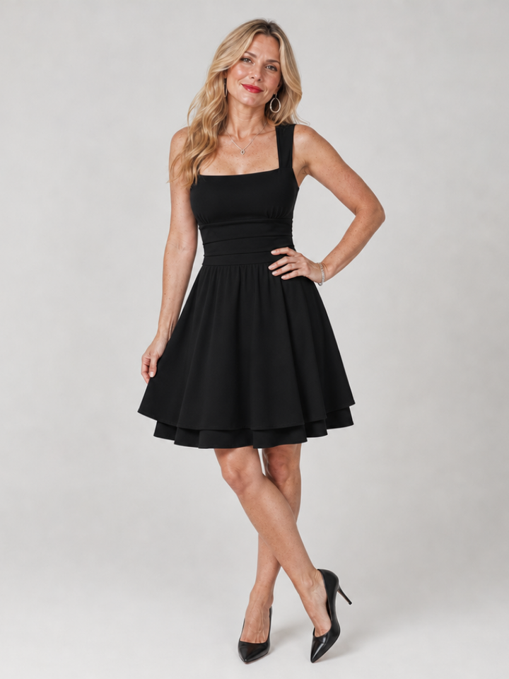 Trendy women's sleeveless square neck mini dress with a chic flared hem. A must-have for summer fashion.