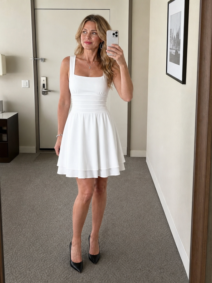 Stylish women's sleeveless square neck flared mini dress. Ideal casual or party dress for summer apparel.