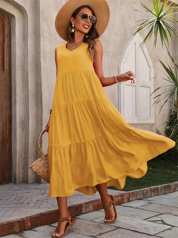 Elegant women's maxi dress, tiered and sleeveless for effortless summer chic.