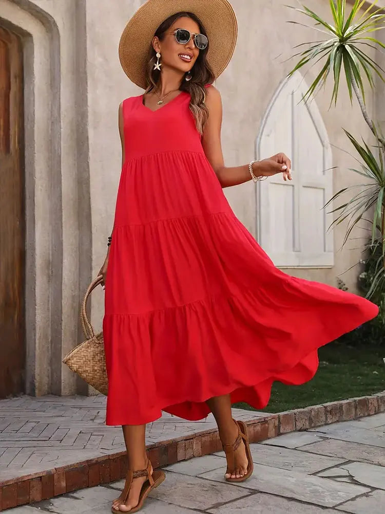 Beach-ready sleeveless tiered dress, a flowy and stylish summer maxi.
