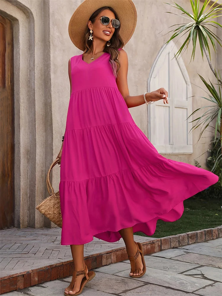 Versatile V-neck casual dress, a comfortable tiered maxi for all summer activities.