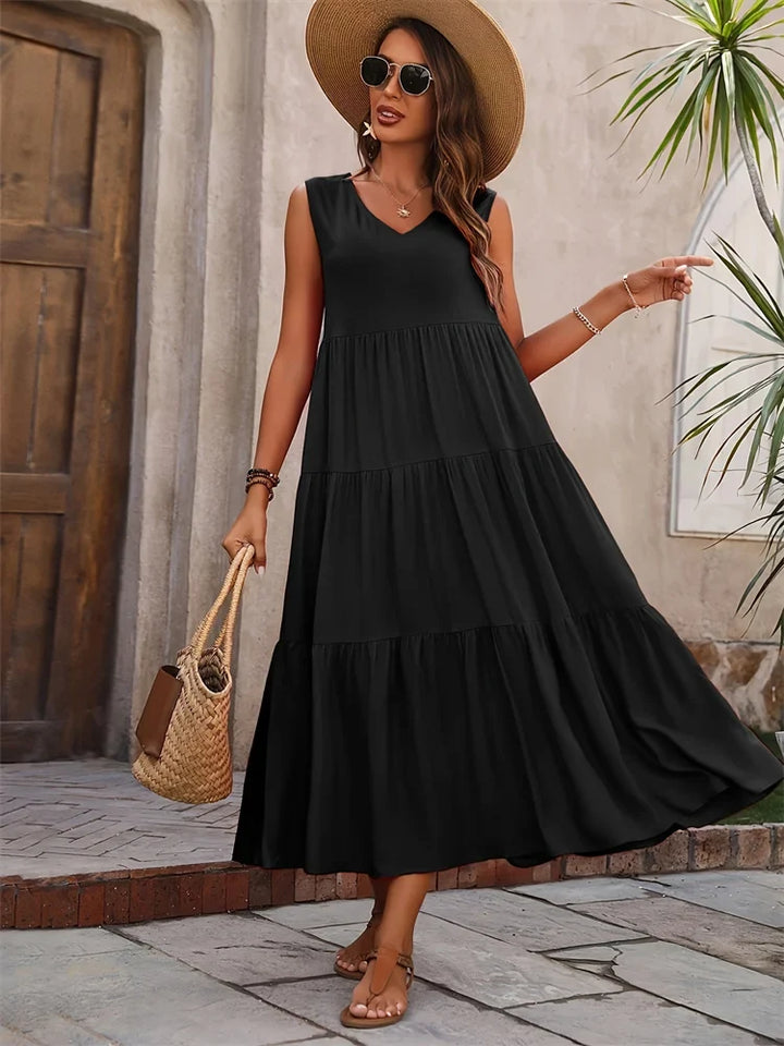 Women's summer maxi dress, featuring a sleeveless V-neck and beautiful tiered design.