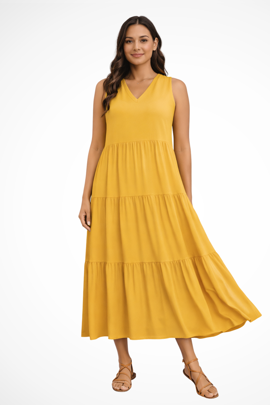 Flowy V-neck sundress, ideal for beach or casual vacation wear.