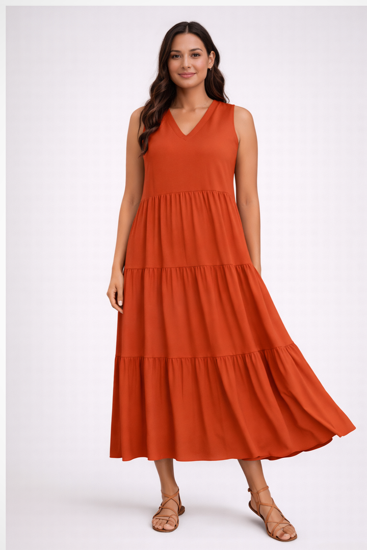 Comfortable women's tiered maxi dress, great for summer holidays.