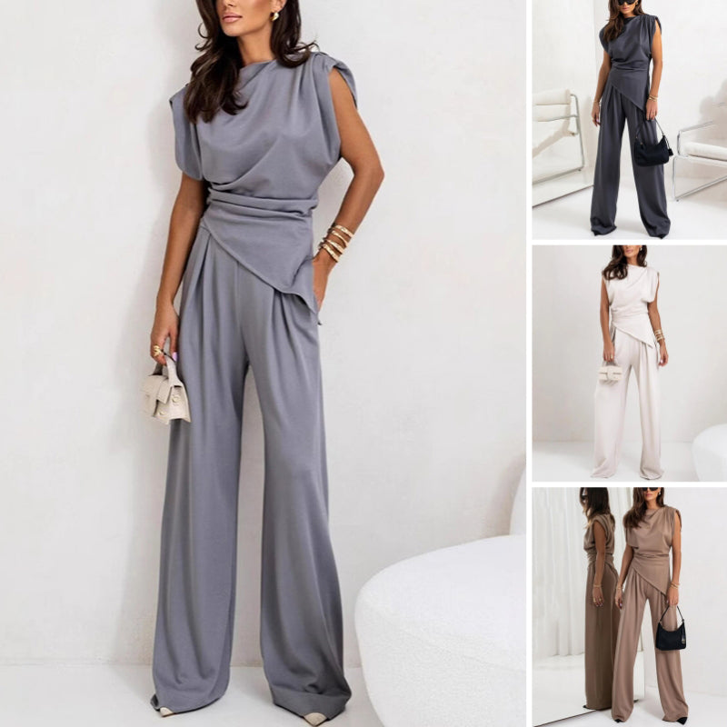 Women's casual sleeveless top and wide-leg pant set. Effortless style for everyday comfort.