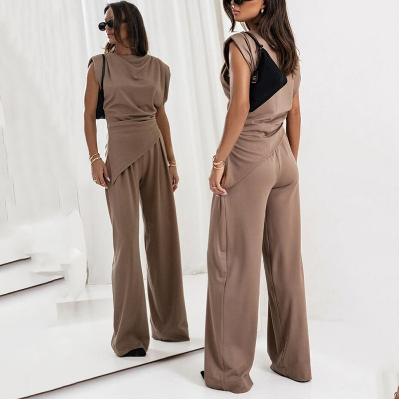 Summer-ready women's sleeveless co-ord featuring a relaxed top and fashionable wide-leg pants.
