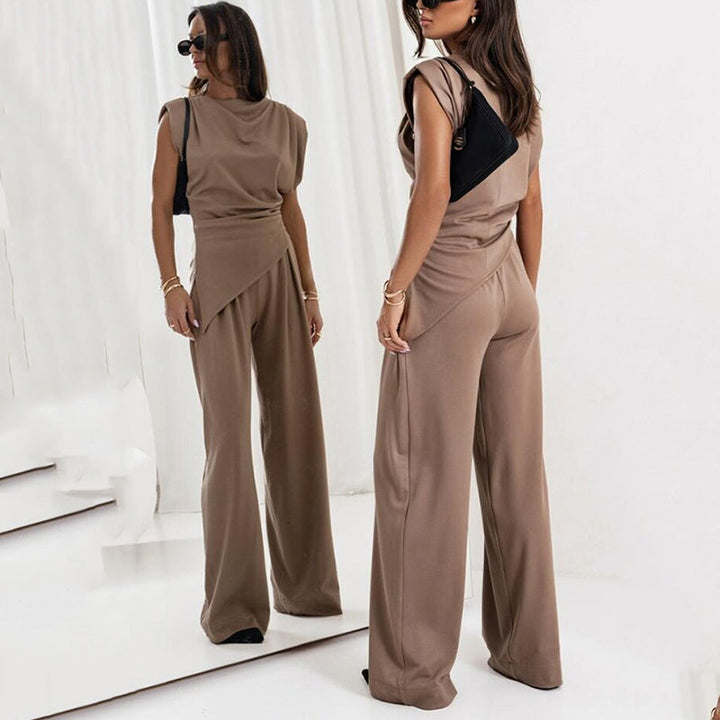 Summer-ready women's sleeveless co-ord featuring a relaxed top and fashionable wide-leg pants.