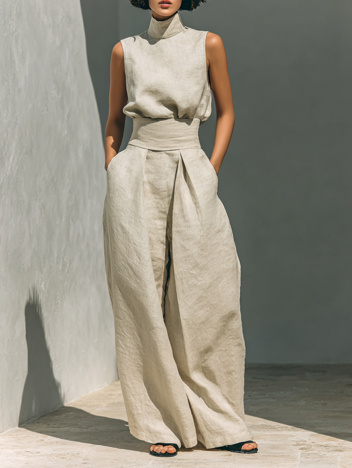 Women's sleeveless two-piece wide leg set, perfect for casual summer wear & travel. Relaxed fit fashion.