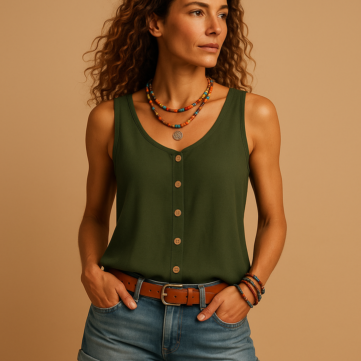 Women's sleeveless V-neck button-down top in a vibrant color, perfect for lightweight summer casual wear.