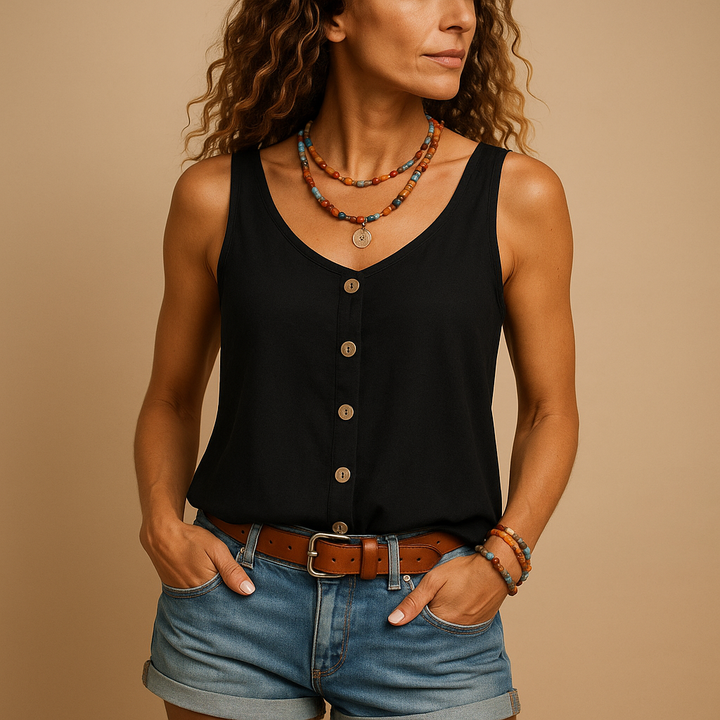 Casual women's V-neck sleeveless top with button-down front, suitable for warm weather.