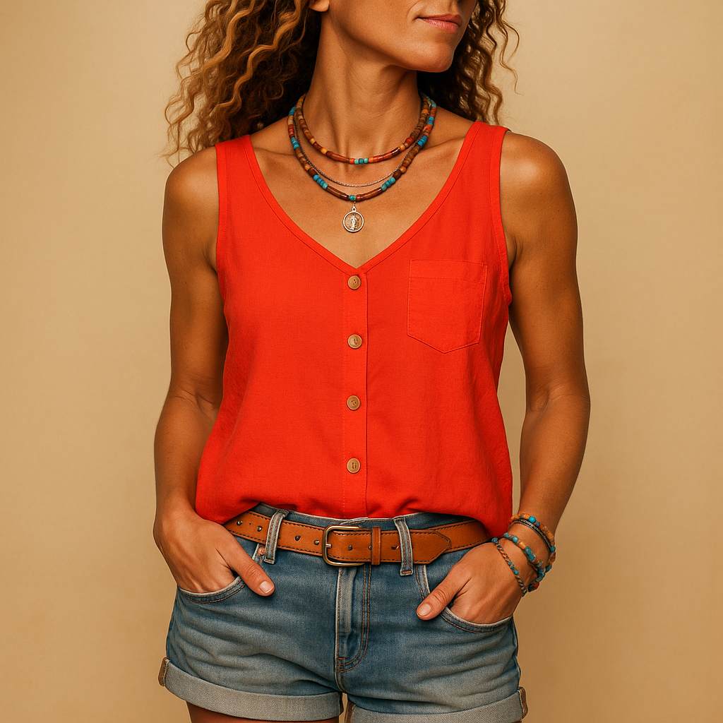 Front view of a women's relaxed fit sleeveless V-neck button-down top for casual elegance.